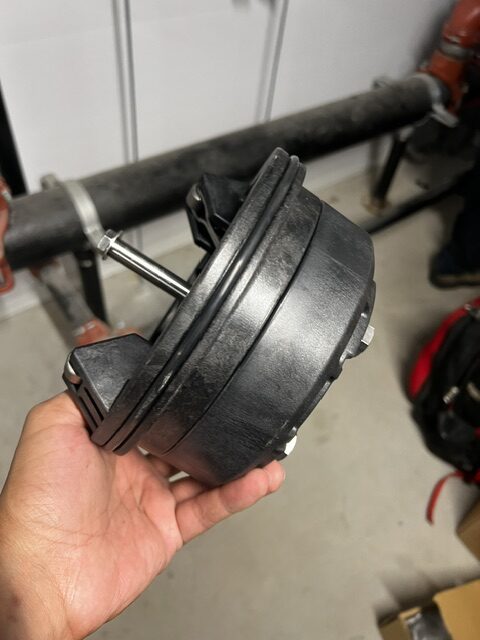 Side profile view of a heavy-duty 6-inch Watts 350 double check valve backflow preventer assembly with shut-off valves and test cocks.